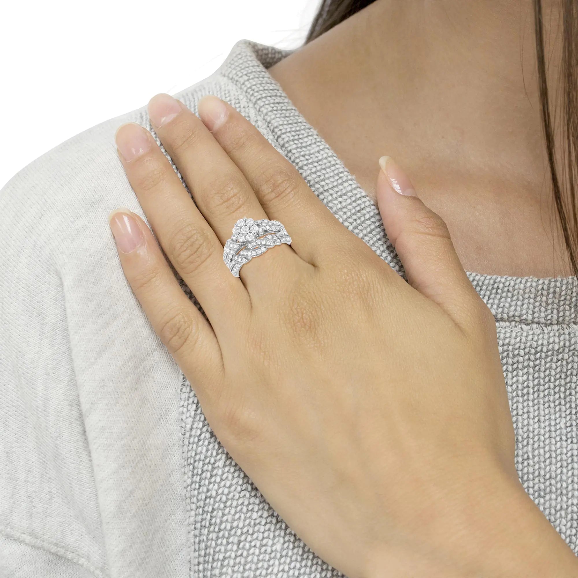 Silver Diamond Engagement Ring Band Set