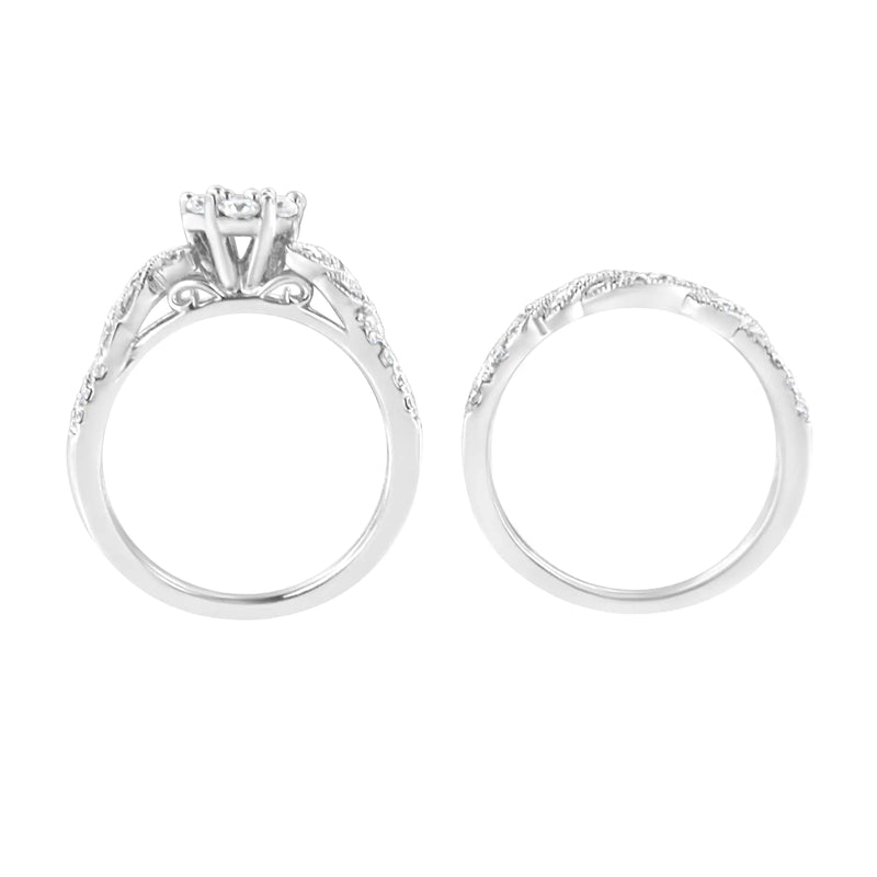 Silver Diamond Engagement Ring and Band Set