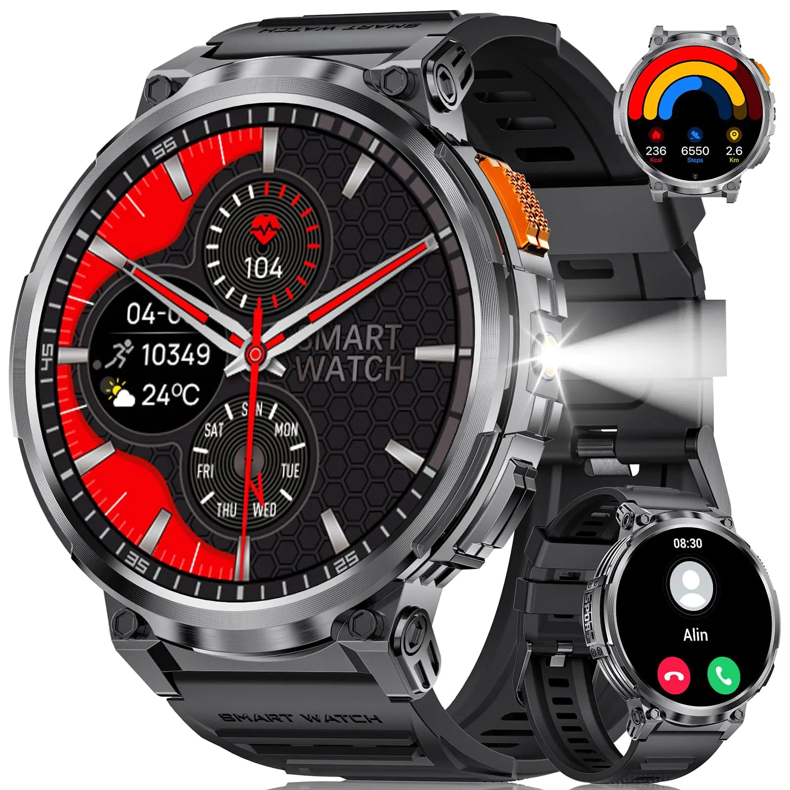 FOXBOX HD Tactical Smartwatch with LED Flashlight & Fitness.
