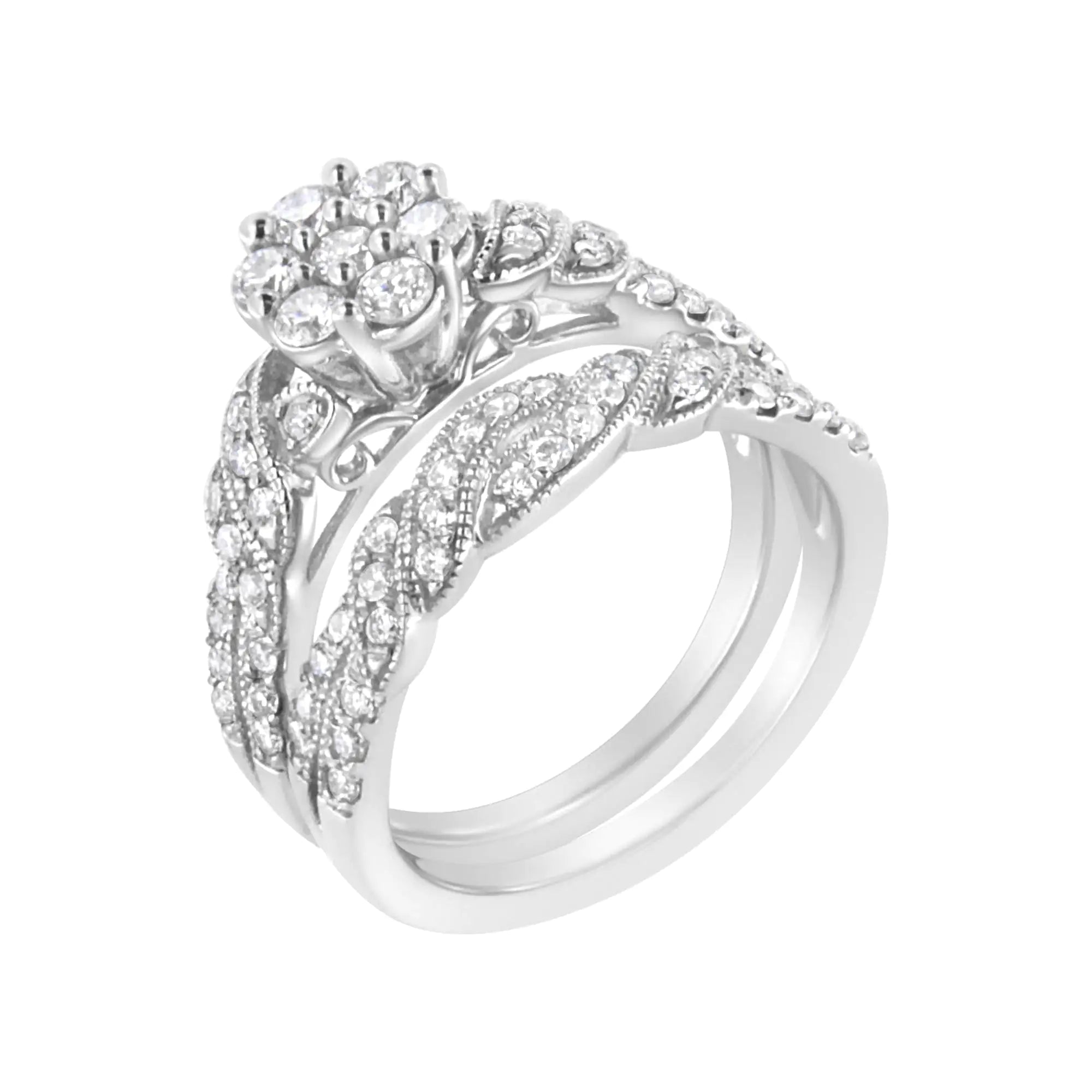 Silver Diamond Engagement Ring Band Set