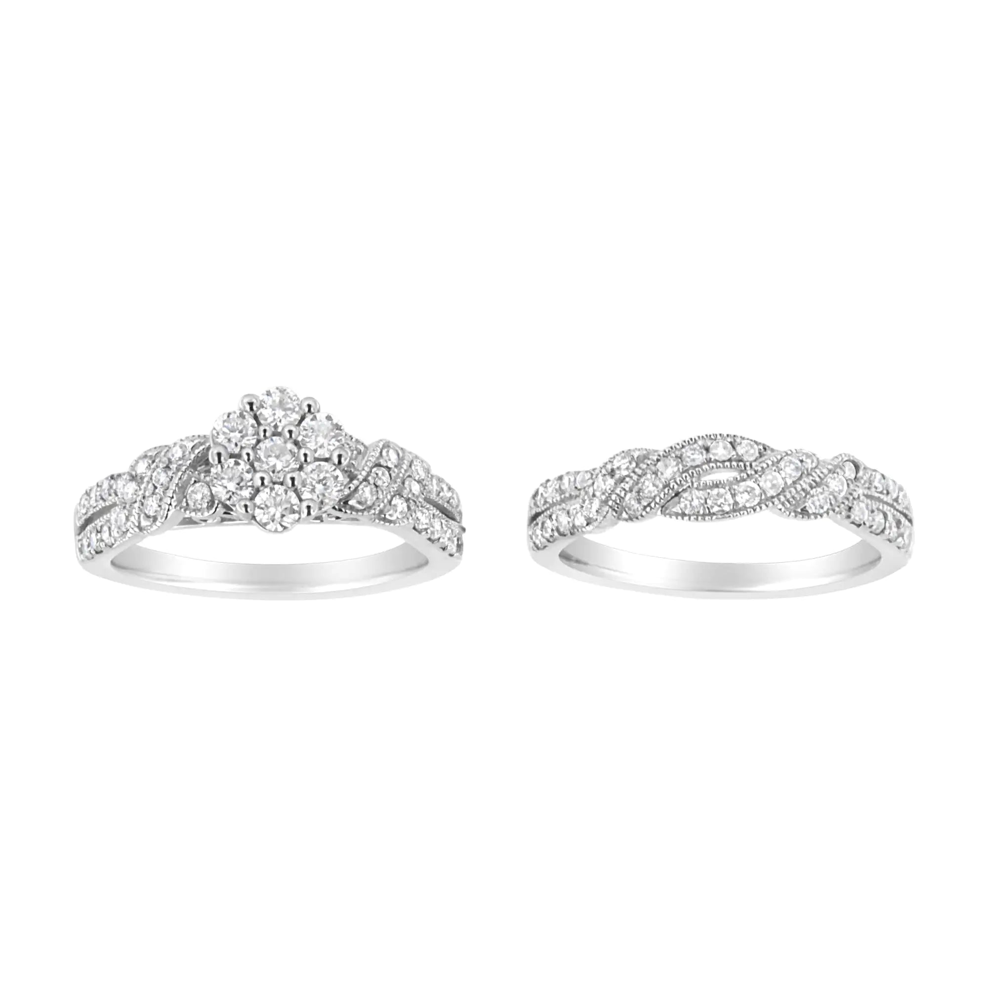 Silver Diamond Engagement Ring Band Set